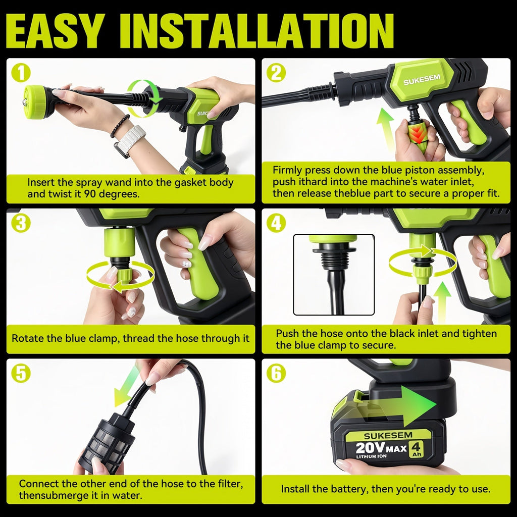 Cordless High-Pressure Cleaner with Rechargeable Battery & 6-Speed Adjustable Nozzle - Portable Power Washer for Car Washing, Yard, Garden & Green Plants - 1 or 2 Battery Kit