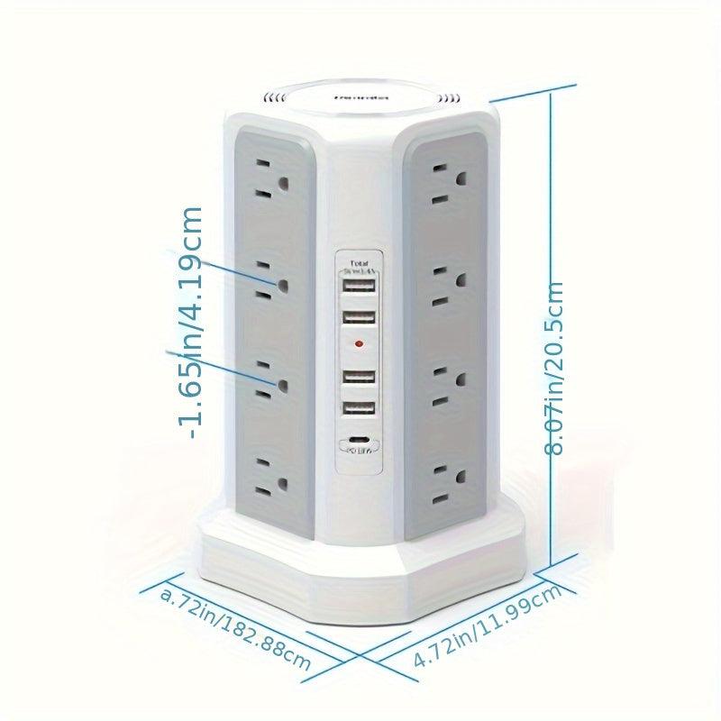Power Strip Tower, 16 AC Outlets, 5 USB Ports, USB-C PD 20W, 1500J Surge Protector, Flat Plug Desktop Extension Cord
