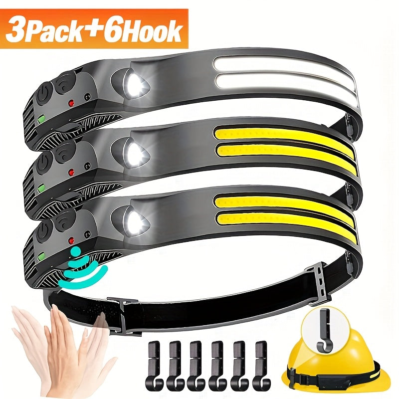 3-Pack Rechargeable 230° Wide Beam COB LED Headlamp with Motion Sensor, 5 Modes, and 6 Hooks – Bright Headband Flashlight for Camping, Hiking, Work, and Hard Hats (Single/Dual/Triple Strip)