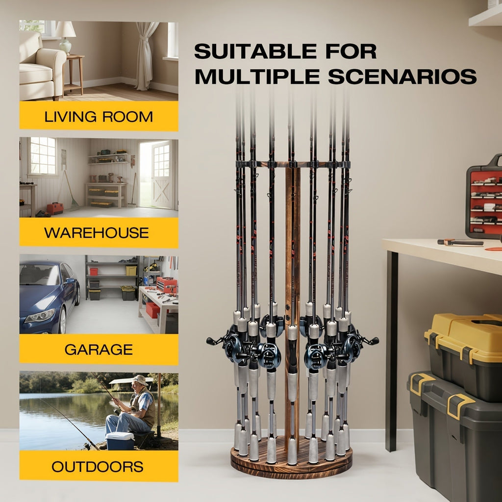 Circular Wooden Fishing Rod Rack Holds 16 Rods, Space-Saving Fishing Pole Organizer for Garage, Shed, Man Cave – 360° Rotating & Fixed Options, Sturdy Wood Construction, Fisherman Gift