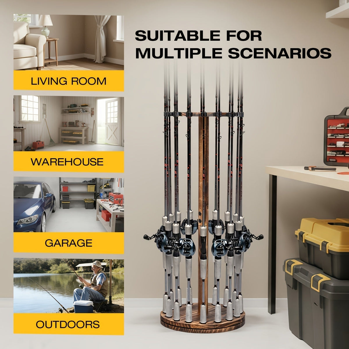 Circular Wooden Fishing Rod Rack Holds 16 Rods, Space-Saving Fishing Pole Organizer for Garage, Shed, Man Cave – 360° Rotating & Fixed Options, Sturdy Wood Construction, Fisherman Gift