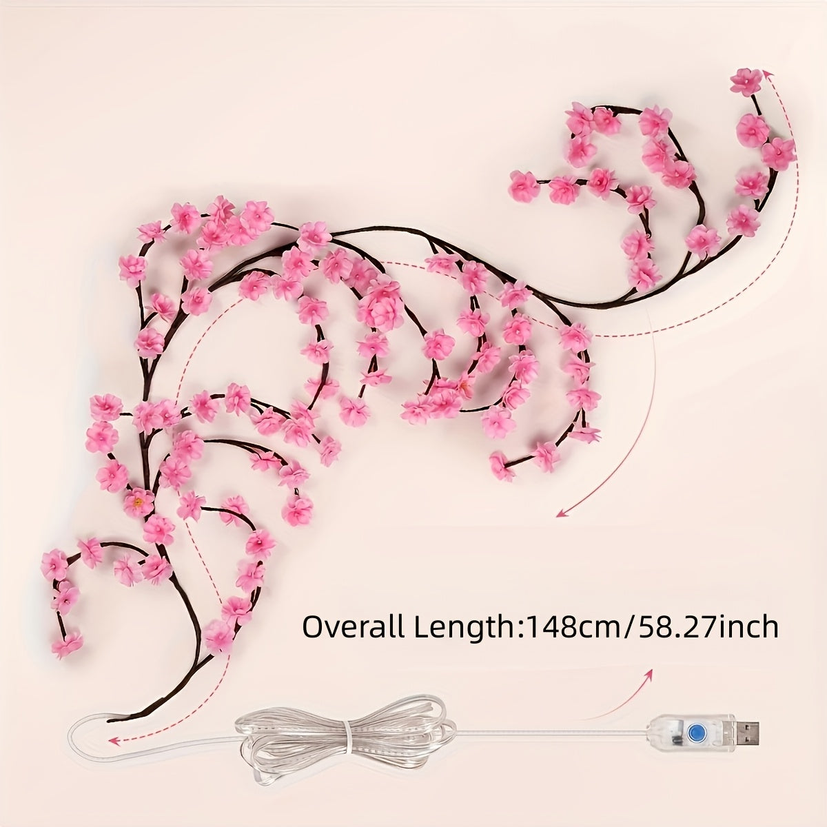 Light Pink Cherry Blossom Vine LED String Lights – 148cm (58") 70 Blossoms & 70 LEDs for Bedroom Bedside Living Room Wall DIY & Christmas Decor