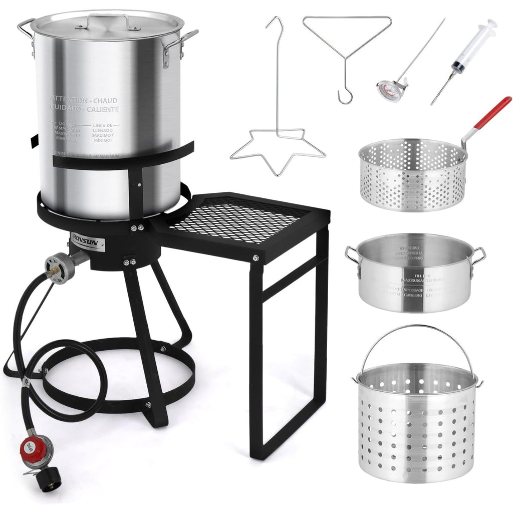 30-Quart Outdoor Turkey Deep Fryer Kit with 100,000 BTU Propane Burner Strainer Basket Steamer Plate & Foldable Side Shelf for Seafood Boils Frying & Steaming
