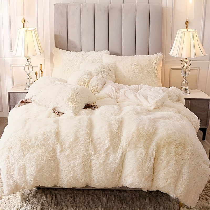 Plush Duvet Cover Set 3 Piece, Long Hair Knitted Polyester, Solid Color Fuzzy Comforter Cover with Zipper Closure, All-Season Soft Cozy Bedding Set for Bedroom, Multiple Colors Available