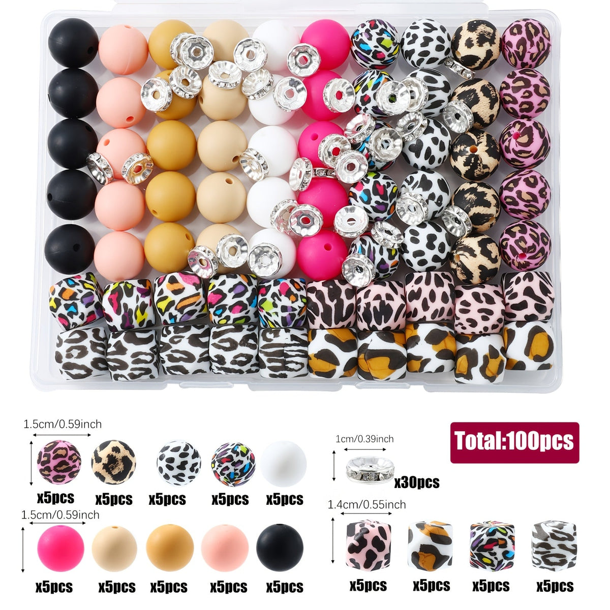 100pcs Silicone Beads Set with Storage Box, Hexagonal Striped Printed Pattern Beads for DIY Jewelry Making, Bead Pens, Keychain Pendants, Craft Supplies for Girls, Kids, Teens, and Adults