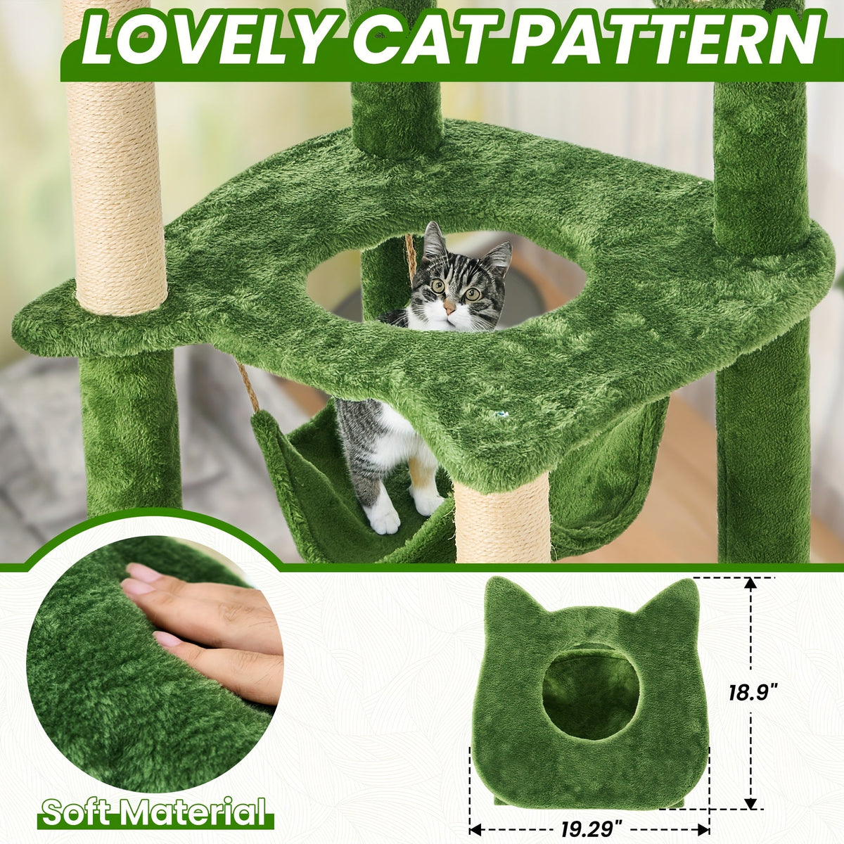 55-Inch Cat Tree for Indoor Cats with Green Leaves – Multi-Level Large Cat Tower with Hammock, Sisal Scratching Posts, Hanging Ball Toy, and Cat Furniture for Living Room or Bedroom