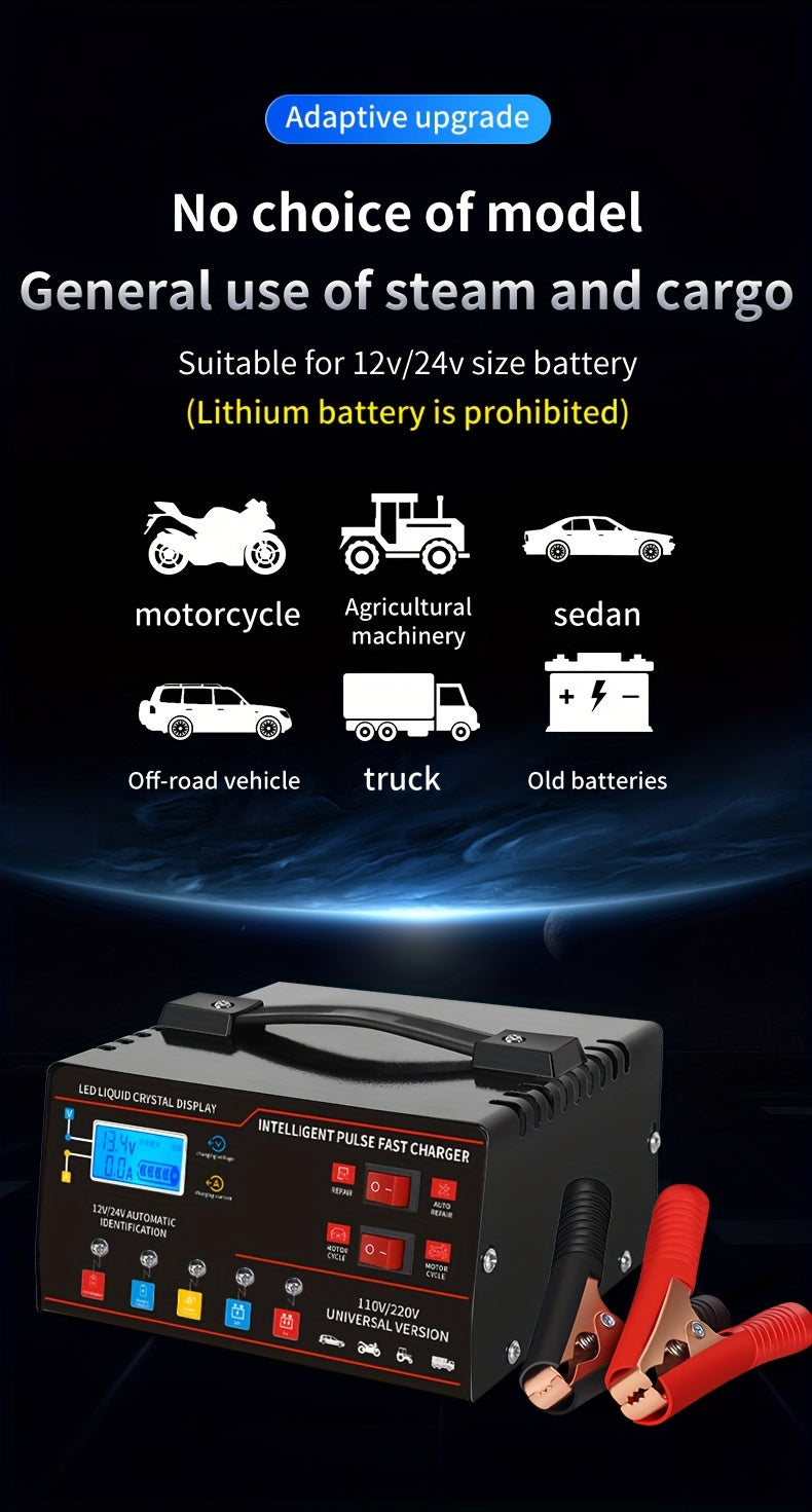 Smart Universal Battery Charger 12V 24V with LCD Screen Pulse Repair Trickle Maintainer for Car, Truck, Motorcycle, Boat, Lawn Mower, and Harvester – Automatic Temperature Regulation