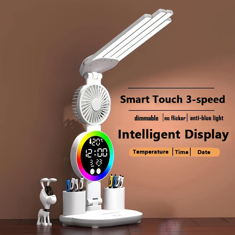 Smart Touch LED Desk Lamp with USB Port, Dual-Head Dimmable Color-Changing Reading Light with Built-In Fan and Night Light, Eye-Friendly for Home, Office, Dorm, and Study, No Battery Required