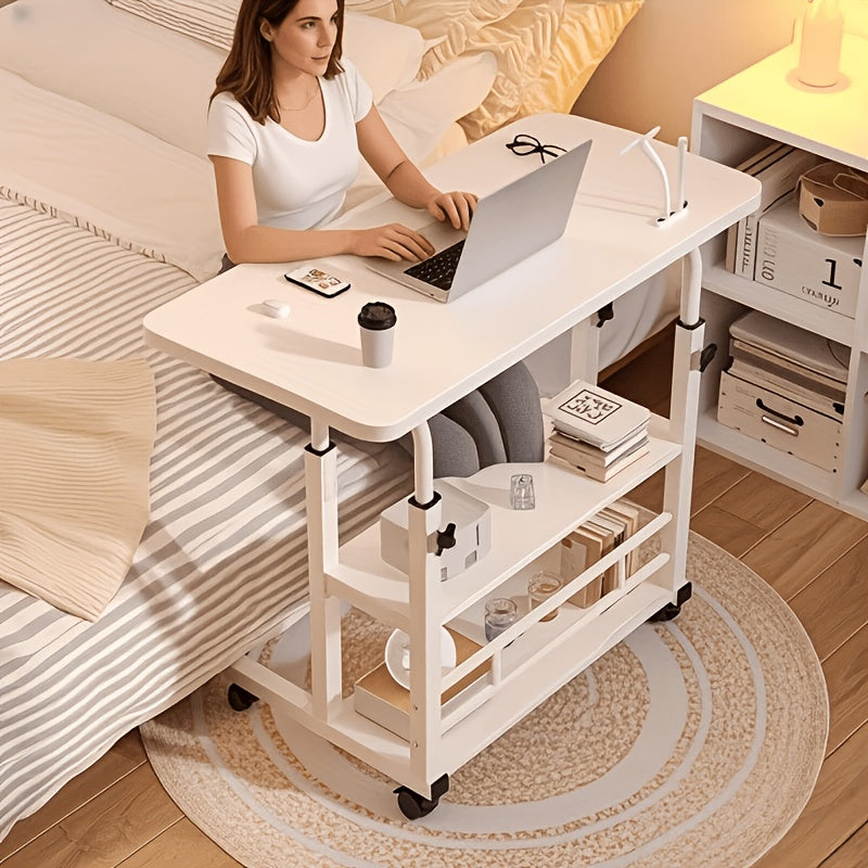 3-Tier Rolling Folding Desk with Wheels, Height-Adjustable and Expandable Desktop, Storage Shelf for Laptop, Study, Home Office, Bedroom, Living Room Computer Table