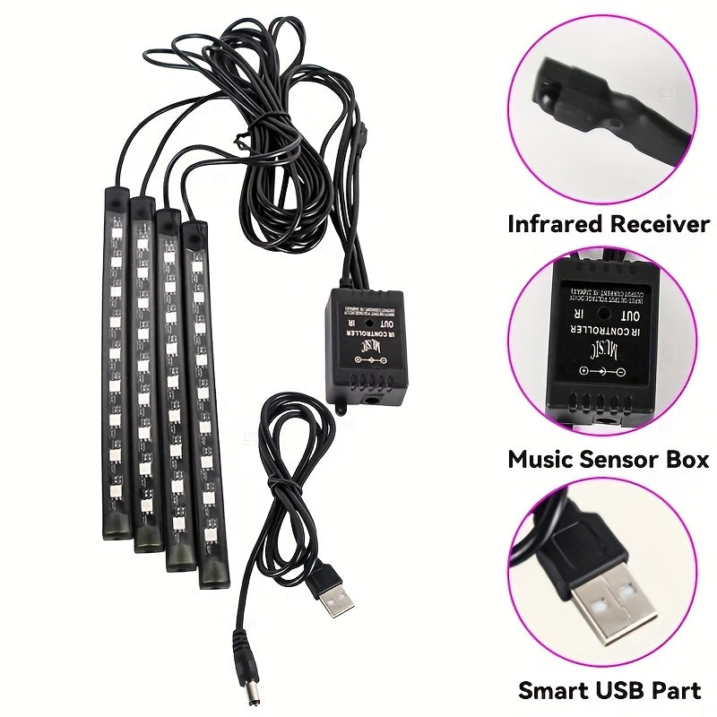 Car LED Neon Interior Light Strips USB Powered – High Brightness Automotive Ambient Lighting Kit, Footwell Neon Accent Lights, Interior Mood Lights