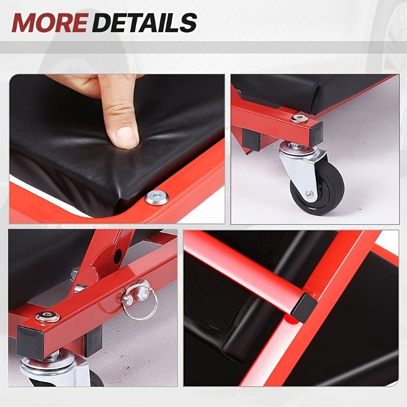 36-Inch Heavy-Duty 3-in-1 Folding Mechanic Creeper with Adjustable Z-Seat - 6 Lockable Swivel Casters, 350-650 Lb Capacity, Vinyl Padded Seat & Headrest, Professional Automotive Repair Crawler