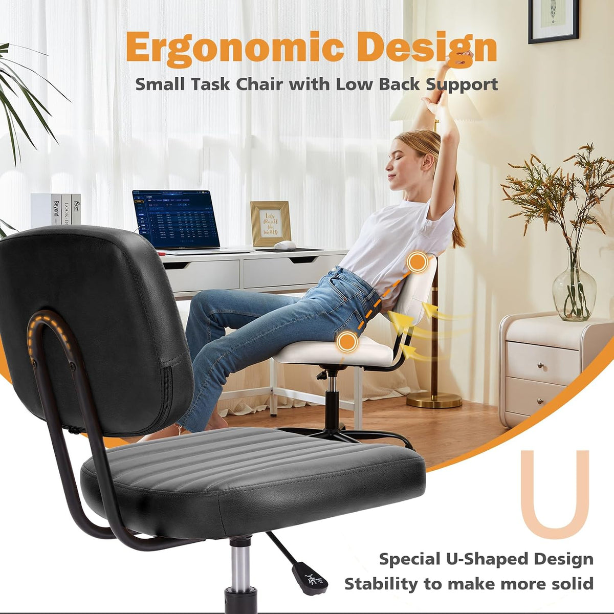Armless Desk Chair PU Leather with Lumbar Support – Height Adjustable Rolling Swivel Task Chair for Home Office Bedroom Vanity Students Adults