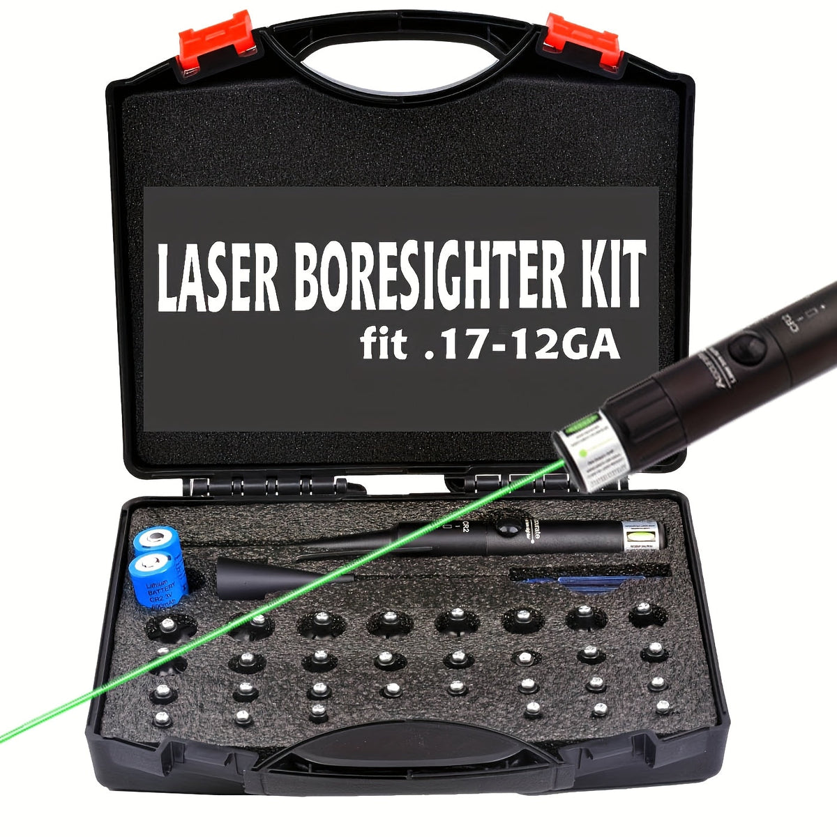 Laser Bore Sight Kit with 32 Adapters – Red & Green Laser Boresighter for .17 to 12GA, High Precision Rifle Zeroing Tool with 8-Hour Battery Life, Button ON/OFF for Hunting and Shooting