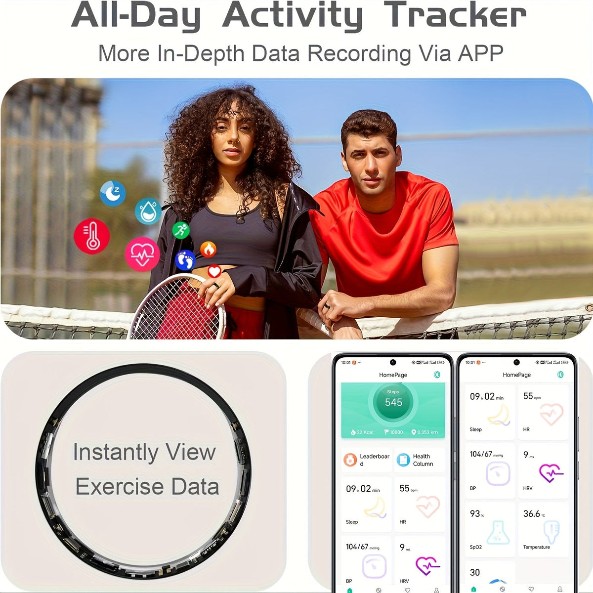 Smart Ring Sleep Tracker, Heart Rate Monitor, Fitness Wearable, Titanium Alloy Body, Bluetooth 5.3, Step Counter, Pedometer, Distance Tracking, Magnetic Charging, Compatible with iPhone & Android – Black, Rose Gold, Silver