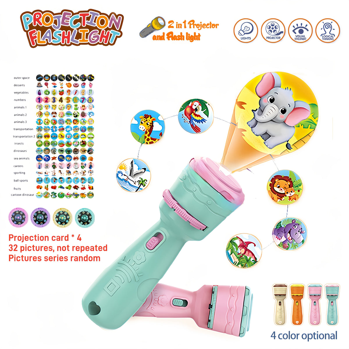 Kids Projection Toy with 4 Cards & 24 Patterns, Vegetables, Numbers, Animals – Educational STEM Learning Toy for Toddlers, Birthday Gift, Family Game Night – Random Color