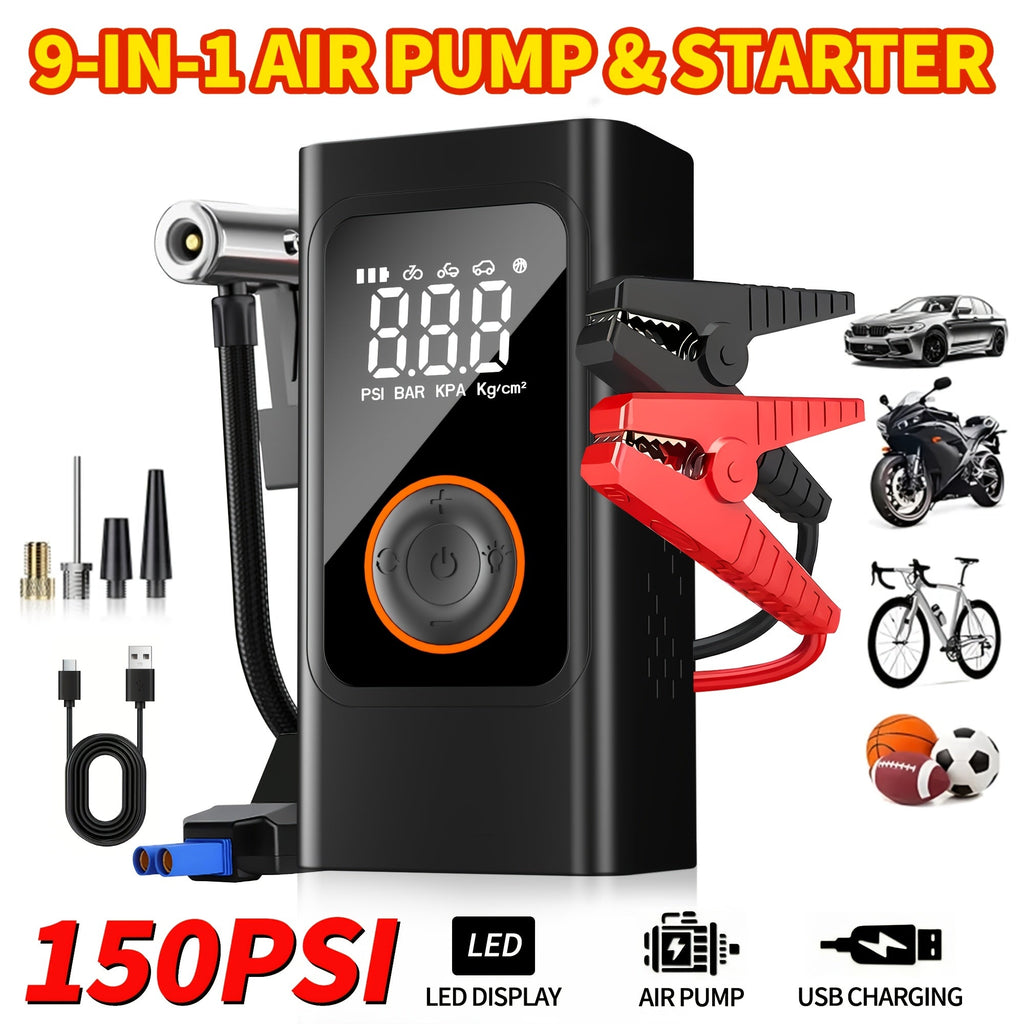 便携式充气泵 150PSI 无线空气压缩机 | 6000mAh 电池，3倍快速充气，LCD 压力表，自动关机，LED 灯，USB-C – 适用于汽车、摩托车、自行车及球类