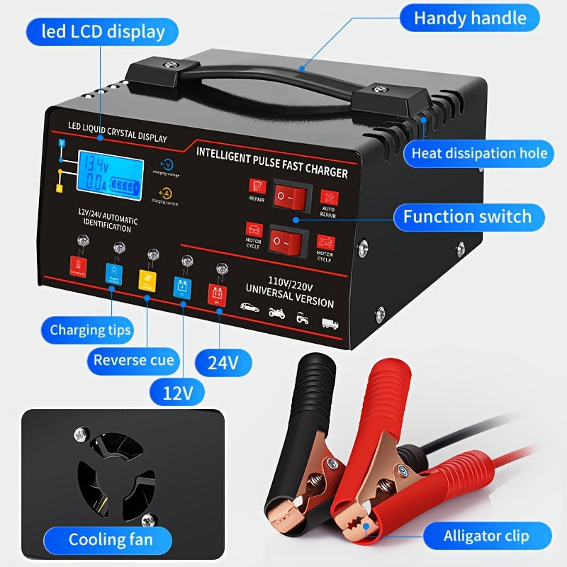 Smart Universal Battery Charger 12V 24V with LCD Screen Pulse Repair Trickle Maintainer for Car, Truck, Motorcycle, Boat, Lawn Mower, and Harvester – Automatic Temperature Regulation