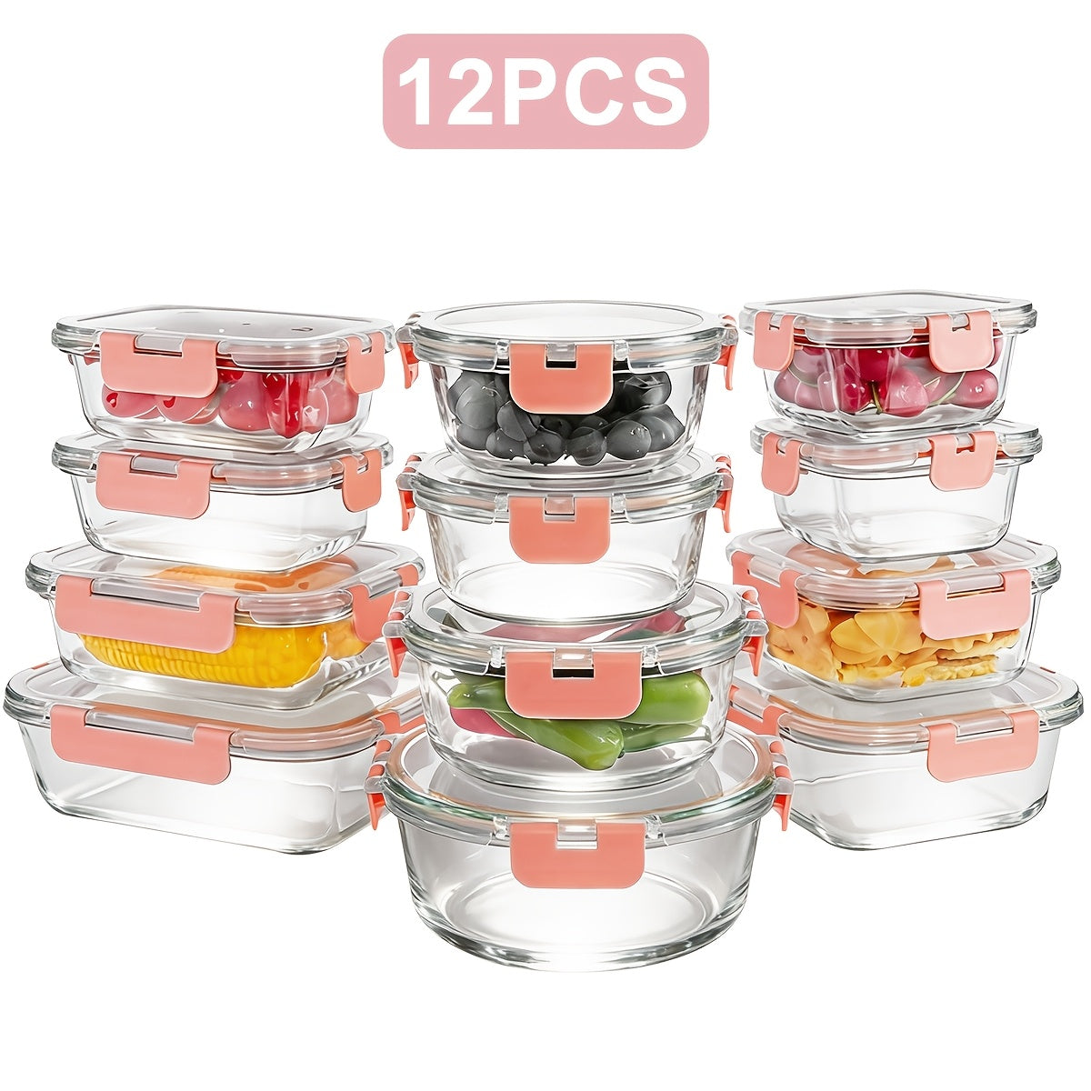 12-Piece Glass Food Storage Container Set with Lids, Airtight and Leak-Proof Meal Prep Containers, Thickened Glass Bento Lunch Boxes, Safe for Microwave, Oven, Freezer, and Dishwasher, Kitchen Pantry Organizer