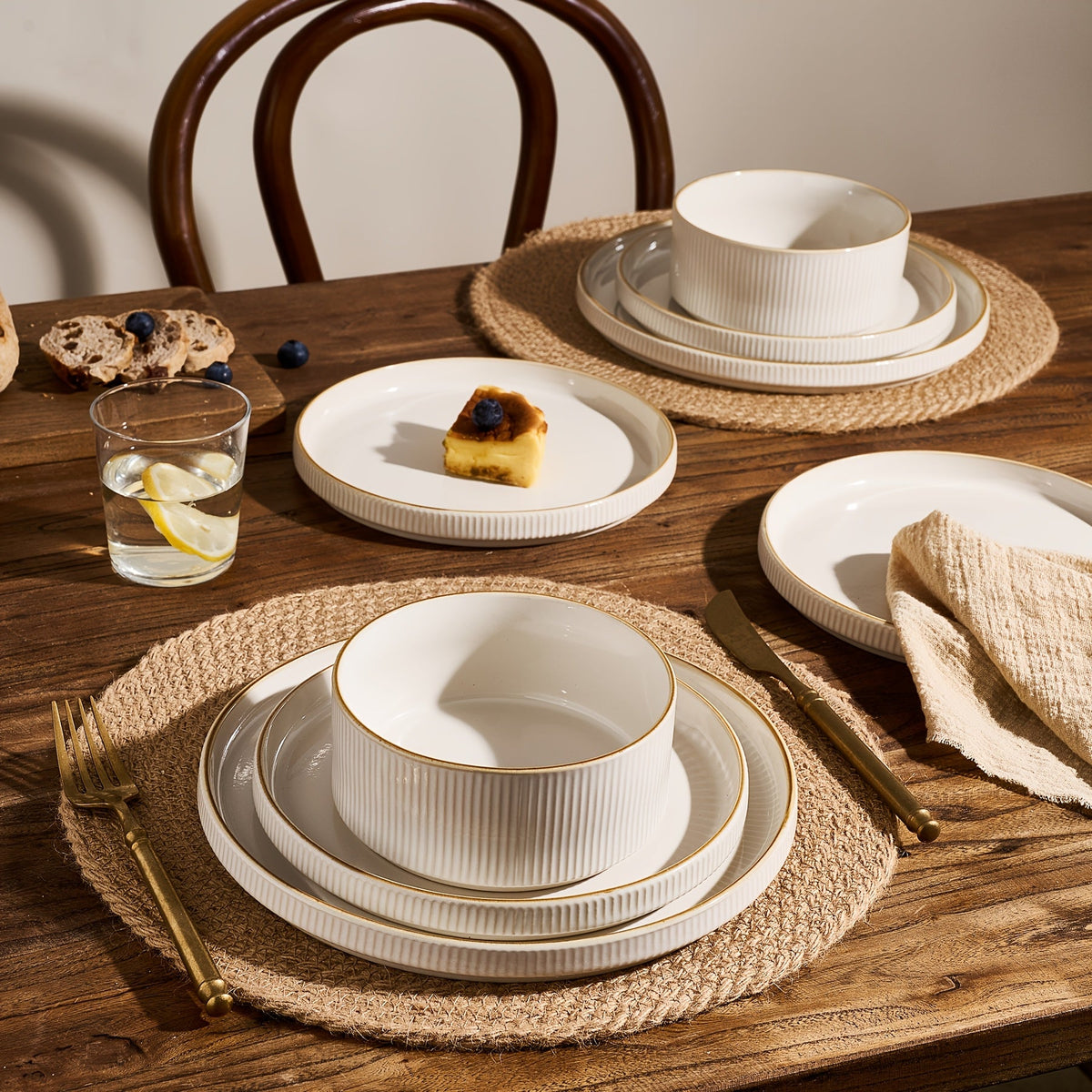 12-Piece Stoneware Dinnerware Set for 4 – Reactive Glaze Raised Stripe 10" Dinner Plates 8" Salad Plates & 5.5" Cereal Bowls Microwave & Dishwasher Safe in Cappuccino & Vanilla White