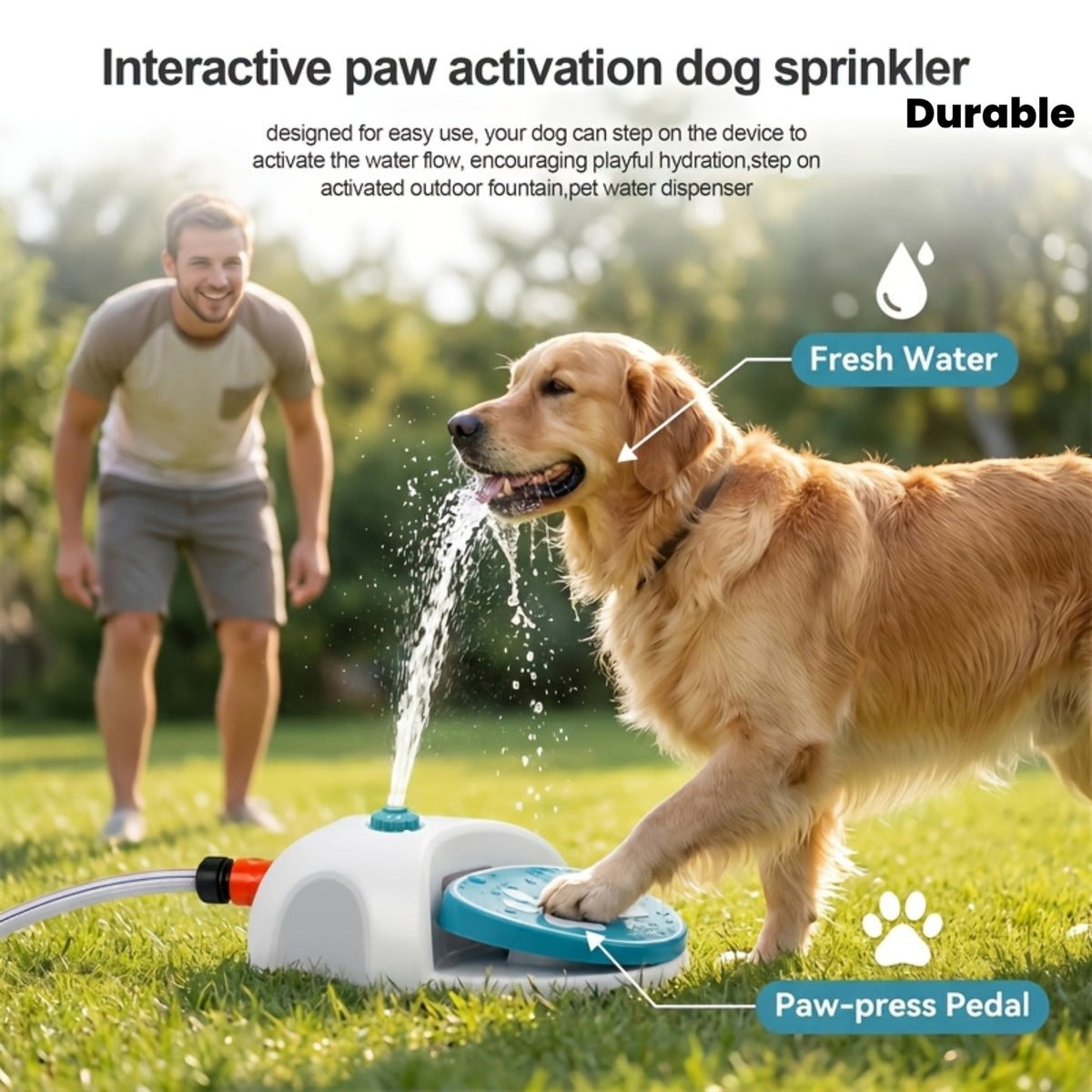 Dog Water Sprinkler Foot Treadle Drinking Fountain - Dog-Operated Fresh Water Dispenser with Hose & Connector - Portable Outdoor Dog Water Fountain for Camping, Hiking, and Backyard - Fun Dog Hydration Toy
