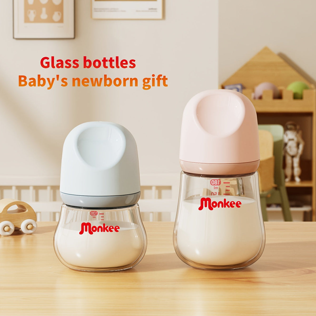 Glass Baby Bottle 120ml/180ml, High Borosilicate Crystal Clear Wide-Mouth Anti-Colic Bottle with Off-Center Nipple, Heat-Resistant & Odorless Baby Feeding Bottle for Newborns & Infants