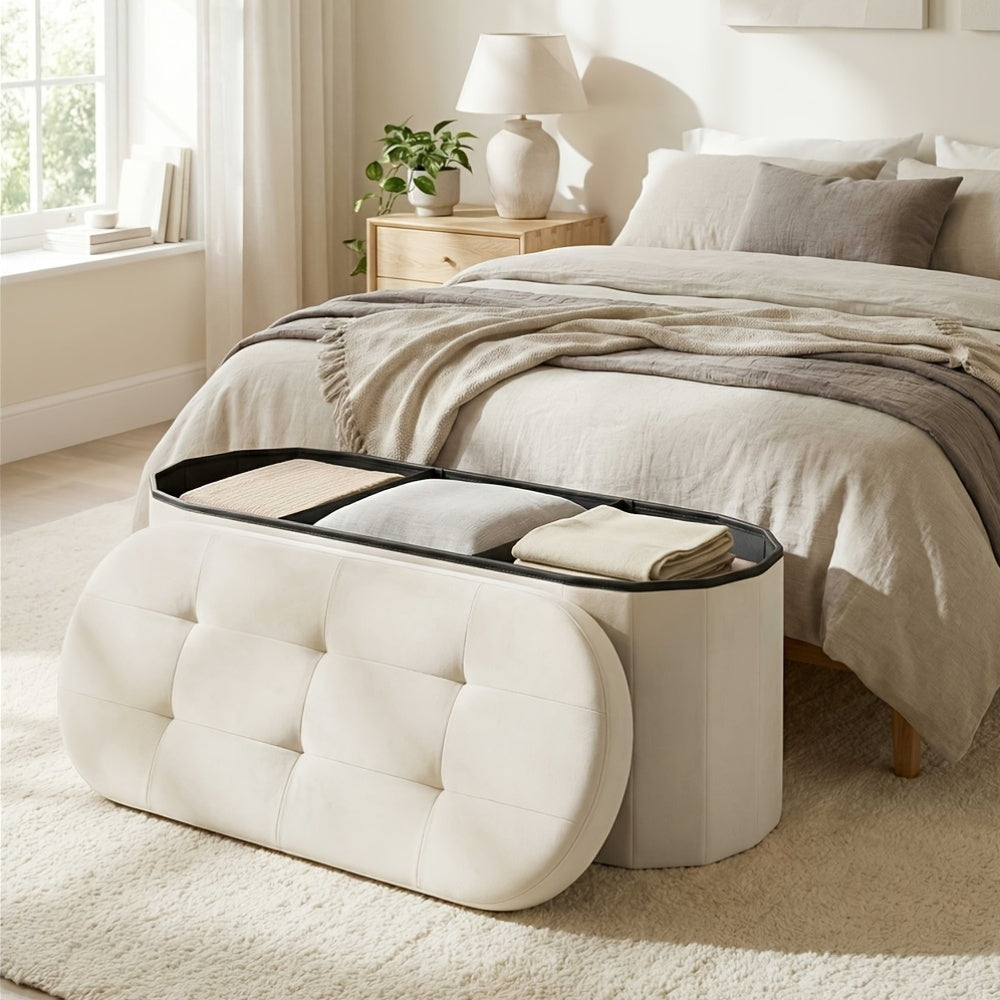 Folding Storage Ottoman – Oval Velvet Foot Rest Extra Seat & Blanket Box Collapses Flat 15"x43"x15" for Bedroom Living Room in Pink White & Black
