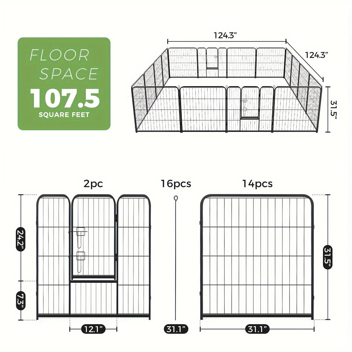 Dog Playpen 8 or 16 Panel DIY Metal Kennel with Door for Large, Medium, and Small Dogs – 24, 32, 40 Inch Indoor/Outdoor Puppy Pen, Easy to Assemble & Move