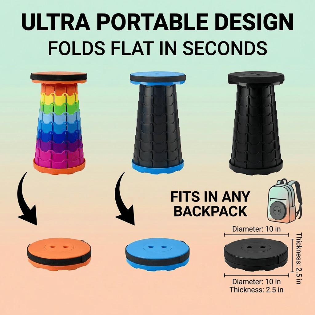 Collapsible Camping Stool, 400 lbs Capacity, Ultra-Portable Lightweight Folding Seat - Folds Flat, Fits in Backpack for Camping, Hiking, Fishing & Indoor/Outdoor Use - Rainbow Option Available