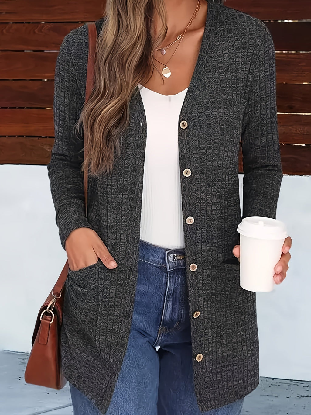 Women's V-Neck Button-Down Knit Cardigan with Pockets, Solid Color Fall Winter Sweater Coat S-XXL