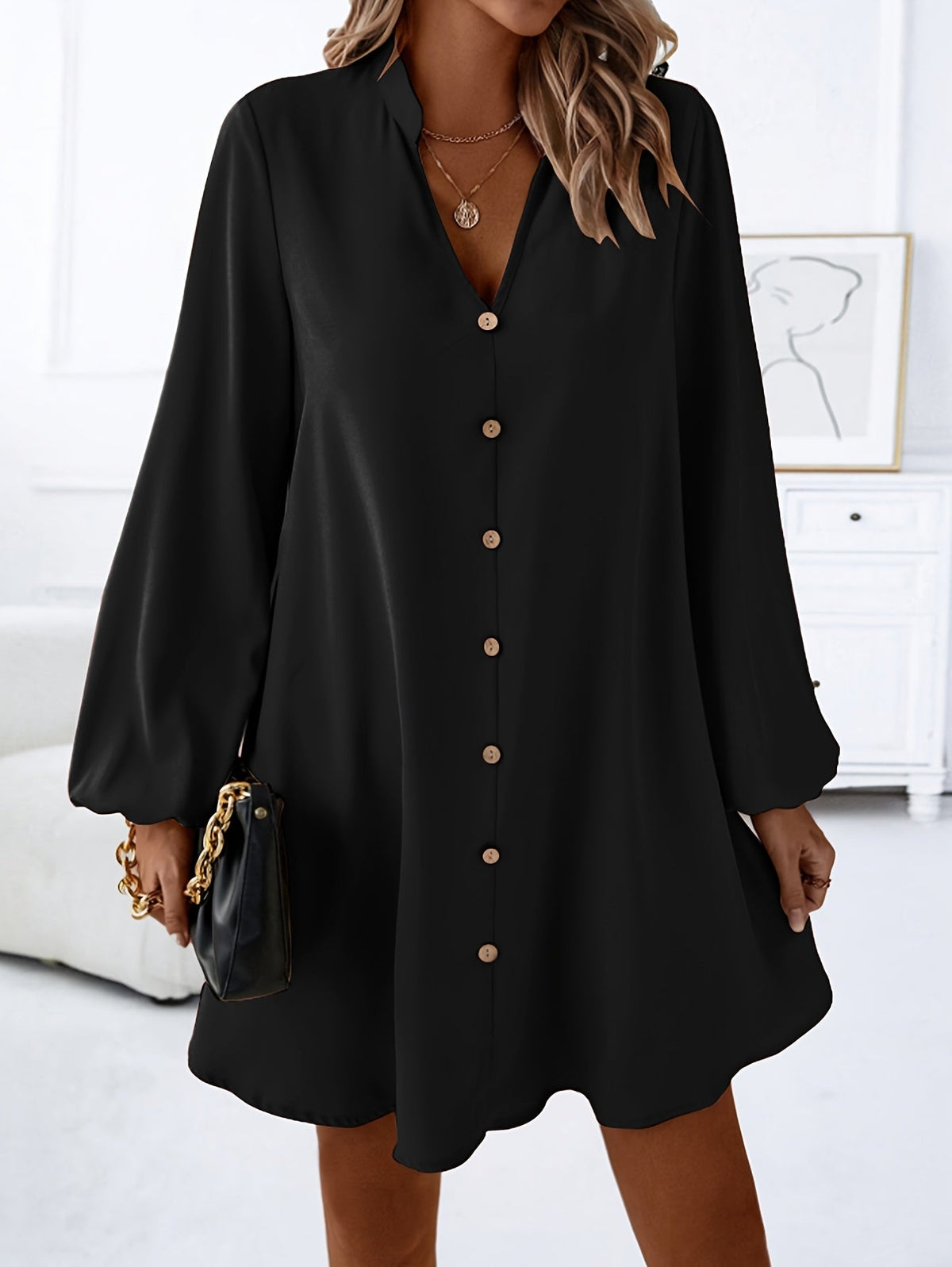 Women's V-Neck Long Sleeve A-Line Flared Dress, Elegant Solid Color Single-Breasted Midi Dress for Spring, Summer, Party, and Casual Wear
