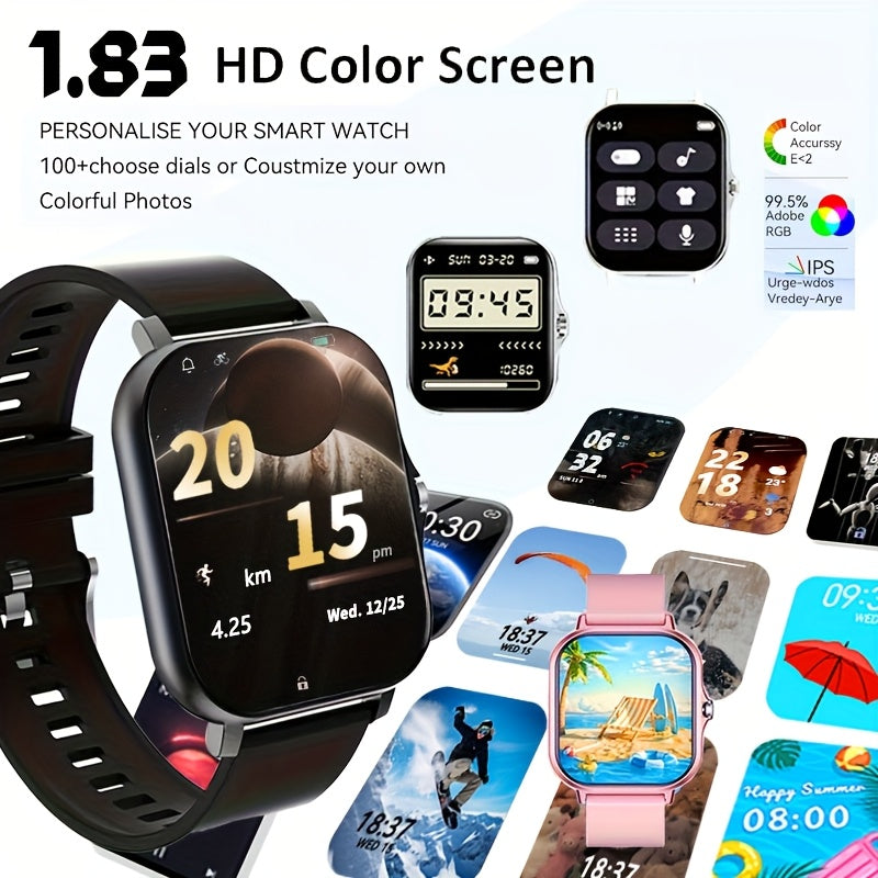 Smartwatch 1.83-Inch Full Touch Screen, Wireless Calling, Message Reminder, Heart Rate & Sleep Monitor, Pedometer, Multi-Sport Modes, USB Rechargeable Fitness Watch for Men and Women