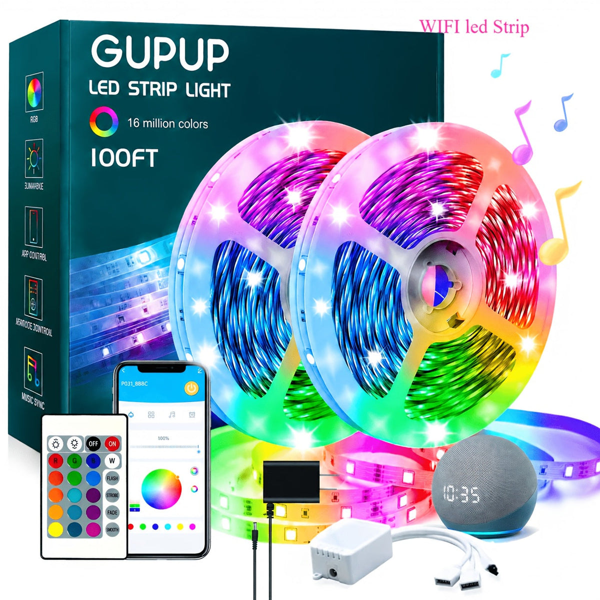 RGB LED Strip Lights App Remote Control Music Sync Dimmable Color Changing Timing – Smart LED Lights for Bedroom, Living Room, and Game Room Decor, 16.4FT to 200FT