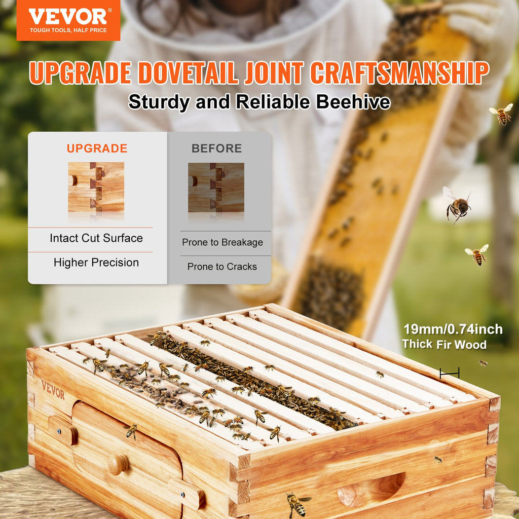 Langstroth Beehive Starter Kit, 0.74" Cedar Wood, 100% Beeswax Coated, 10 ABS Frames & Cedar Brood Frames, Acrylic Observation Windows, Dovetail Joinery, Ventilation Ports, for Beginner & Pro Beekeepers