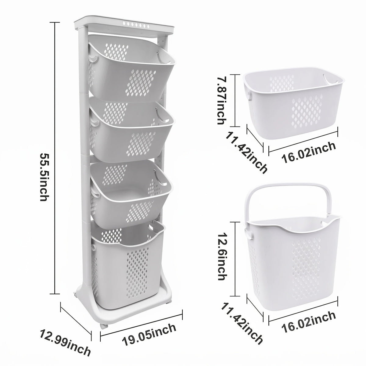 Rolling Laundry Hamper Cart with Wheels – 2/3/4 Tier Large Capacity Laundry Basket with Removable Baskets for Laundry Room Bathroom Organization in White