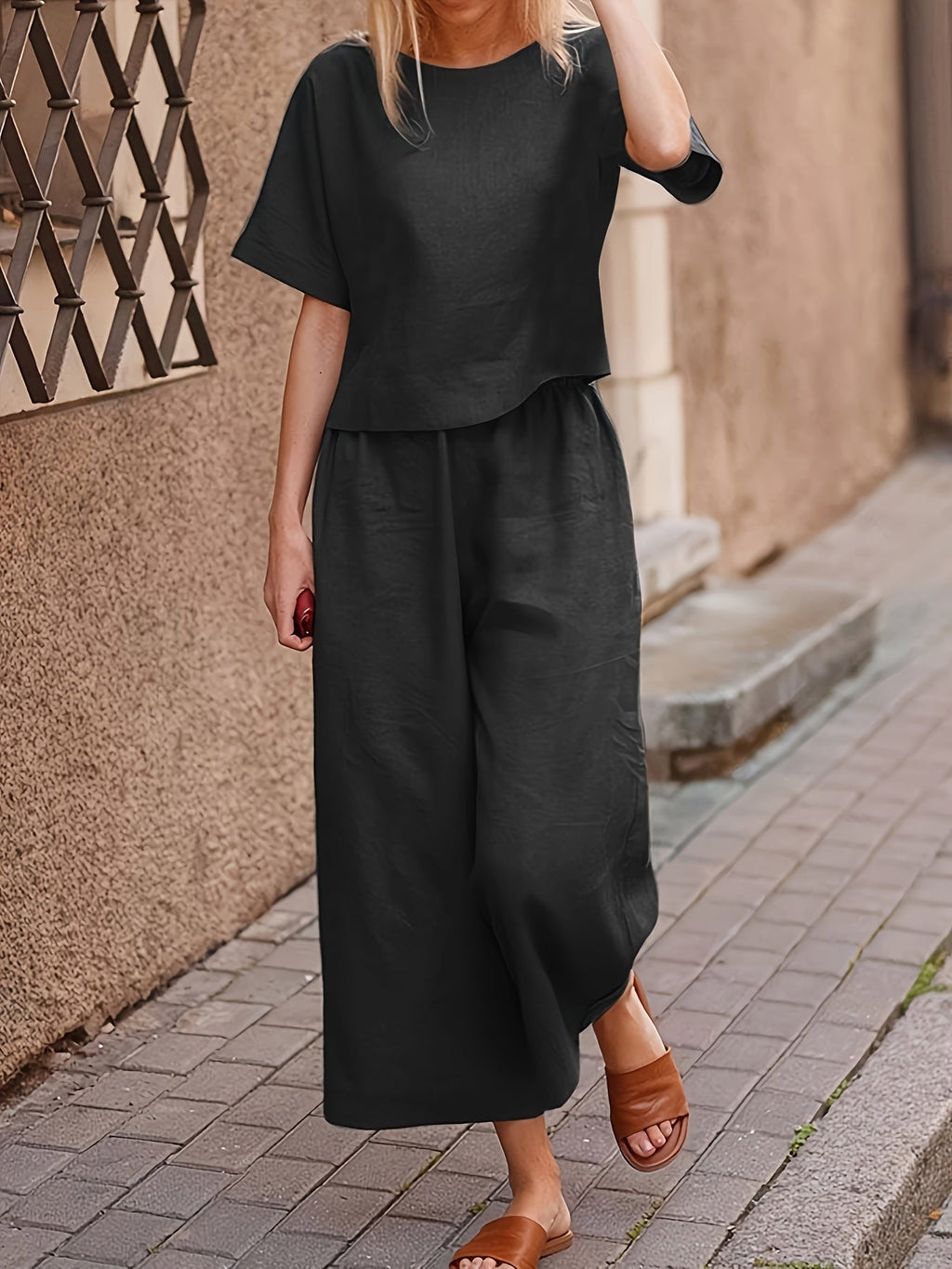 Women's 2-Piece Pantsuit Set, Casual Elegant Solid Color Crew Neck Short Sleeve Top and Wide Leg Pants, Loose Fit All-Season Outfit, S M L XL XXL