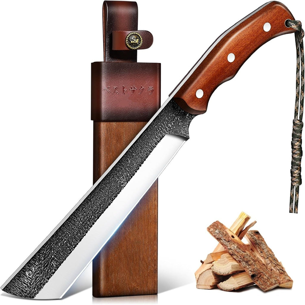 Heavy Duty Outdoor Full Tang Knife 14.4 In High Carbon Steel 58+ HRC Wood Handle with Wooden Sheath for Gardening Camping Bushcraft & Yard Work – Gift for Outdoor Men & Women