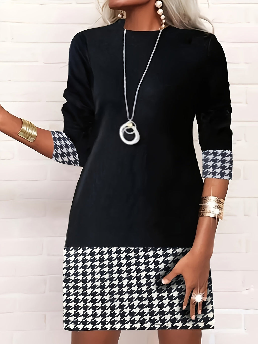 Women's Color Block Print A-Line Dress, Long Sleeve Round Neck Bodycon Midi Dress, Casual Streetwear, Black, S-XXL