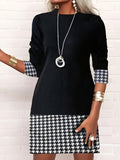 Women's Color Block Print A-Line Dress, Long Sleeve Round Neck Bodycon Midi Dress, Casual Streetwear, Black, S-XXL