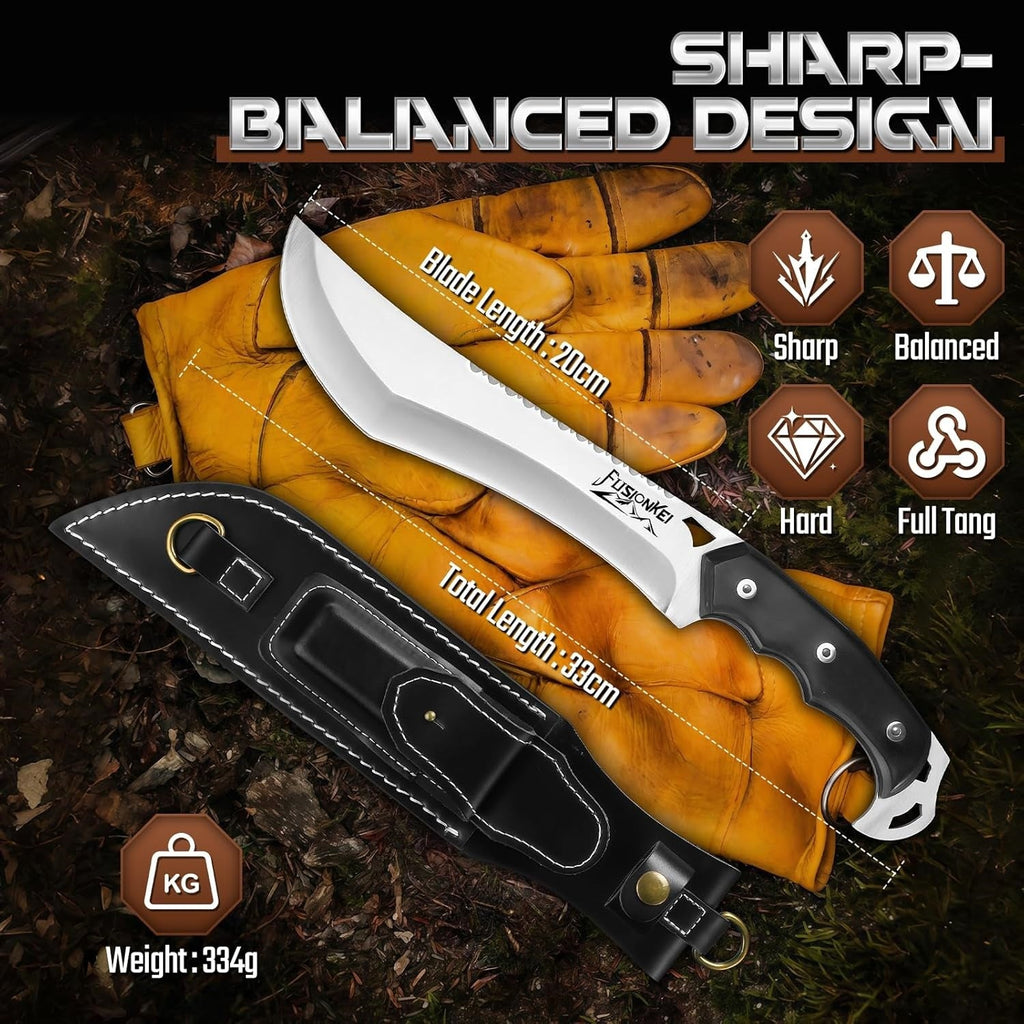 Heavy Duty Fixed Blade Knife 8.5 In Drop-Forged Hollow-Ground Full Tang Ebony Wood Handle with Back Strap Leather Sheath for Camping Bushcraft & Wood Cutting – Gift for Men