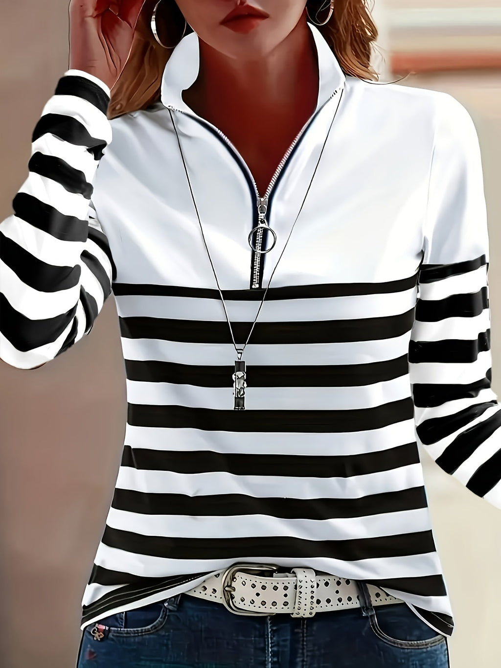 Women's Casual Long Sleeve Zip-Up Stand Collar Striped T-Shirt – Black with Red, Blue, and Light Green Stripes S-XXL