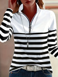 Women's Casual Long Sleeve Zip-Up Stand Collar Striped T-Shirt – Black with Red, Blue, and Light Green Stripes S-XXL