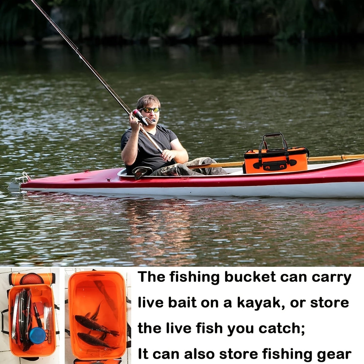 25L Foldable Fishing Bucket, Collapsible EVA Live Fish Bait Container – Portable Multifunctional Outdoor Fish Keeper Bag for Carp & Freshwater Fishing, Gift for Men (Blue/Orange)