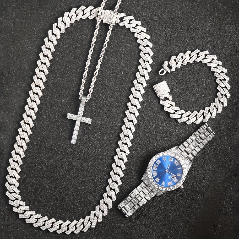 4-Piece Rhinestone Watch and Cross Pendant Jewelry Set, Quartz Analog Wristwatch, Necklace, Bracelet, and Earrings, Unisex Gift for Him or Her, Wedding