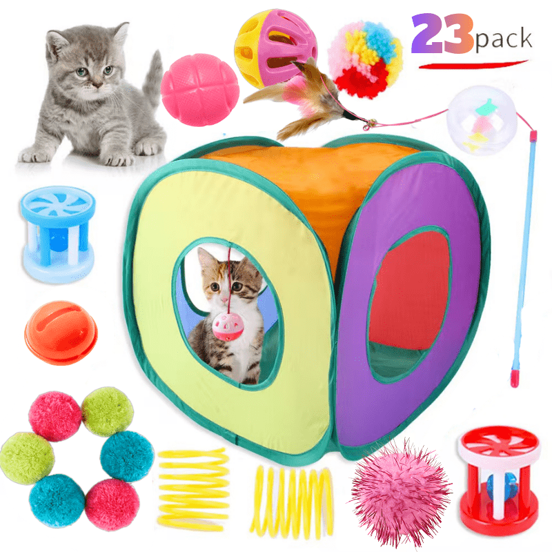 23-Piece Foldable Rainbow Cat Tunnel Toy Set for Kittens – Collapsible Square Tunnel, Teaser Wand, Jingle Balls & Interactive Cat Toys, Indoor/Outdoor Pet Play Tent & Exercise Playground