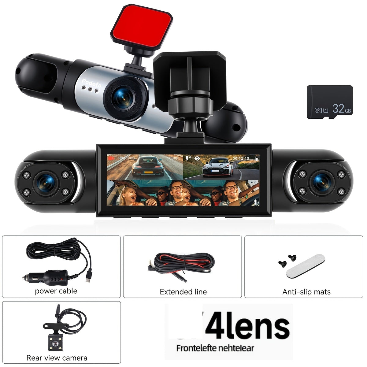 360° 4-Channel Dash Cam 1080P Full Coverage – 1080P Front + 720P Front/Rear/Left/Right, Night Vision, WDR, G-Sensor, Loop Recording, Car Driving Recorder with Optional 32GB/64GB TF Card