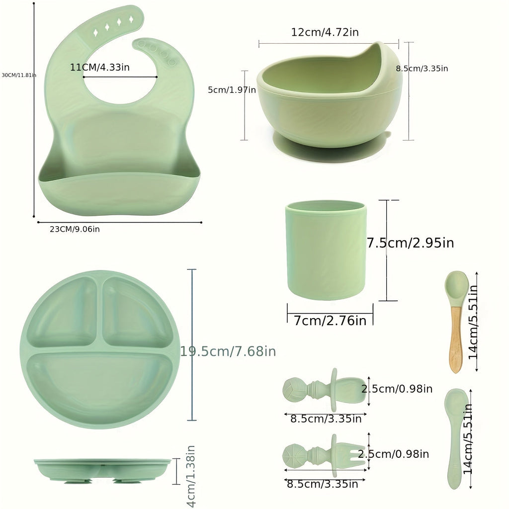 8-Piece Silicone Baby Feeding Set, Suction Bowl, Divider Plate, Spoon, Fork, Sippy Cup & Adjustable Bib, Self-Feeding Toddler Tableware for Ages 0-3, Beige, Dark Green, Gray Blue, Dark Pink & Light Pink