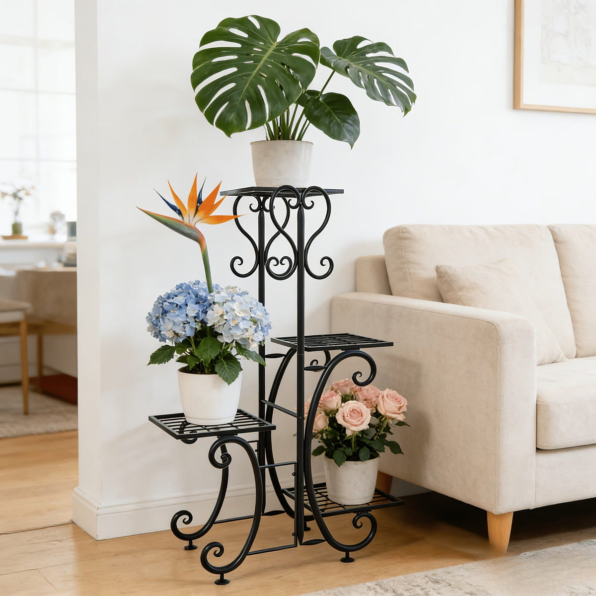 4-Tier Metal Plant Stand, Indoor/Outdoor Wrought Iron Corner Flower Pot Holder, Display Rack Organizer for Garden, Patio, Balcony, Lawn, Office, Black