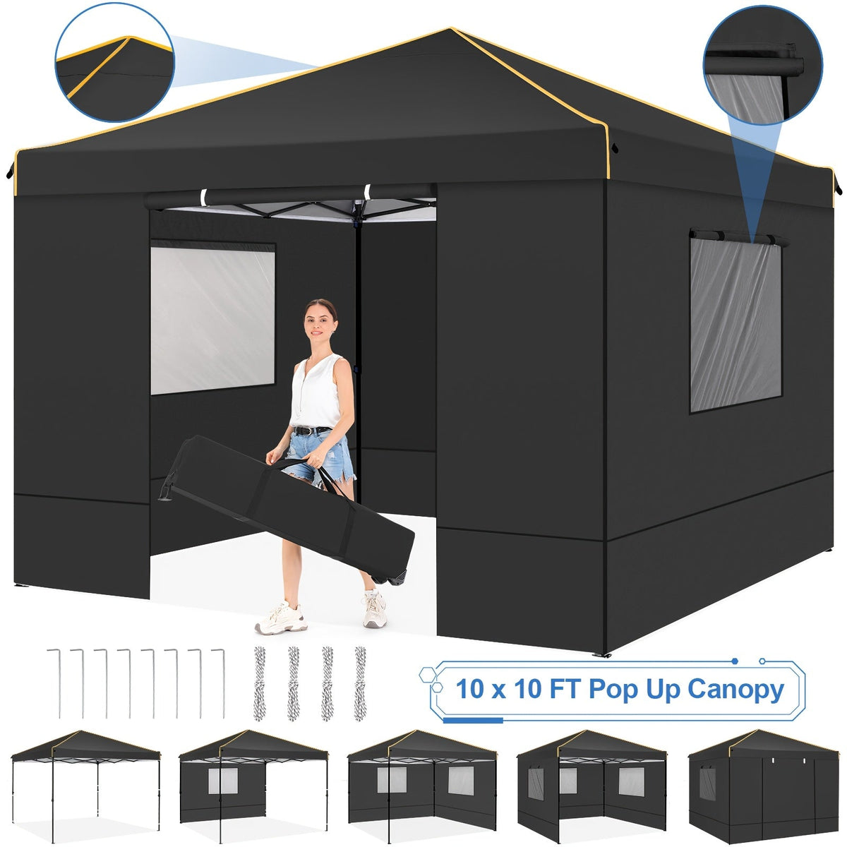 10x10 ft Pop-Up Canopy Tent with Mesh Window Sidewalls Portable Instant Gazebo with Carrying Bag for Parties Outdoor Events & Market Stalls – White, Black or Grey