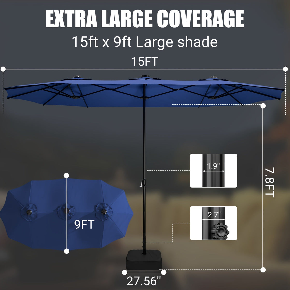 LEVELEVE 15FT Double-Sided Patio Umbrella – 135 Sq Ft Shade, UPF 50+ Waterproof, 40+ MPH Wind Resistant, "5+2+5" Rib Structure, Crank Lift, Cross Base & Weight Bag Included, Blue Red Khaki Lake Blue – Nova Mart