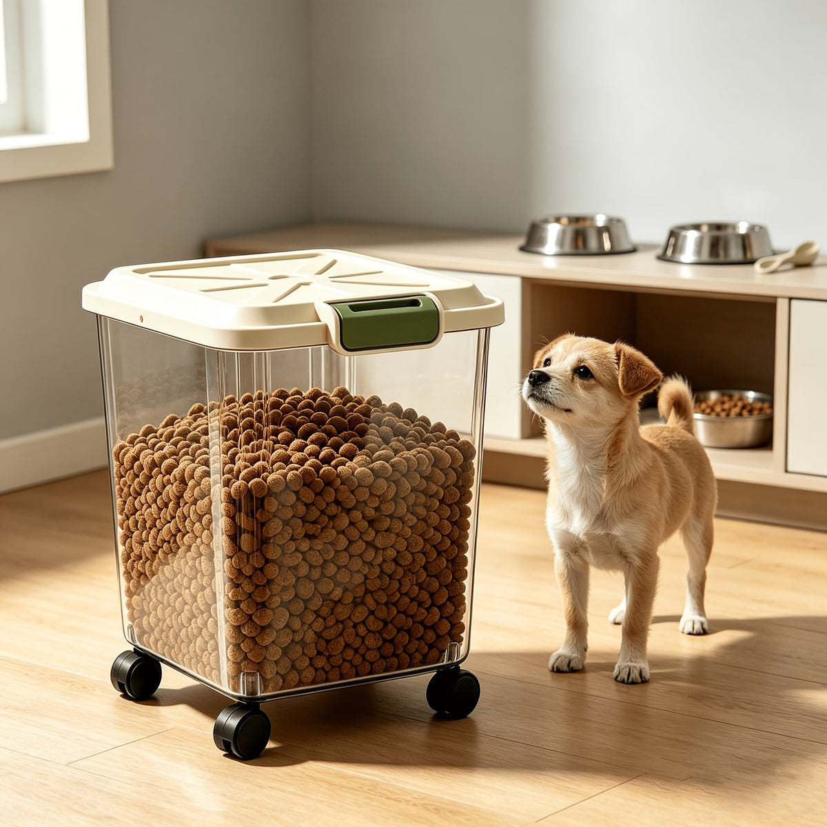 Rolling Pet Food Storage Container with Airtight Lid – Transparent Wheeled Food Bin for Dog/Cat Food, Rice & Flour, 3 Capacity Options (5.5–33 lbs), Bonus Feeder Included